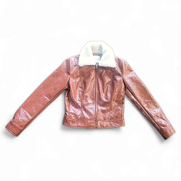 Sz Sm VTG 00s Aritzia Wilfred Vinyl Shiny Brown Sherpa Collar Zip Up Jacket  🥰 - Picture 1 of 3